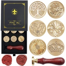 Wax Seal Stamp Gift Box Set: 6 Copper Seals, Wooden Handle for Cards & Gifts