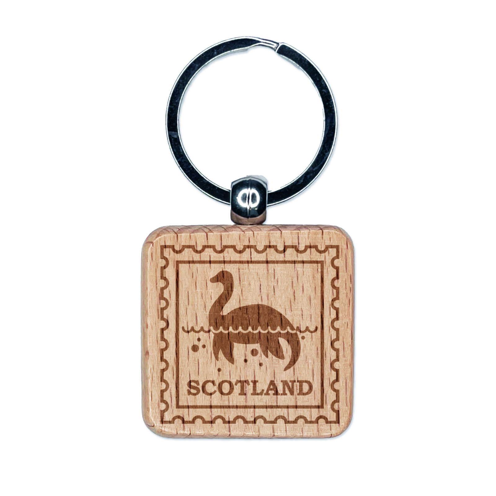 Scotland Travel Loch Ness Monster Nessie Engraved Wood Square Keychain Tag Charm