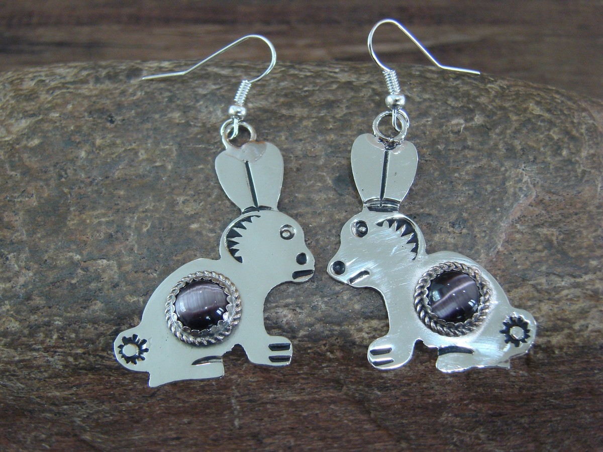 Navajo Indian Nickel Silver Purple Marble Rabbit Dangle Earrings