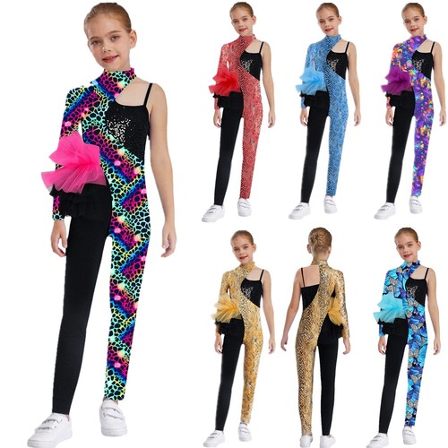 Kids Girls Jumpsuit Rhythmic Bodysuit Workout Rompers Dance Unitard Ballet Show - Picture 2 of 51