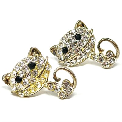 Vintage Silver Tone Rhinestone Cat Earrings Studs
