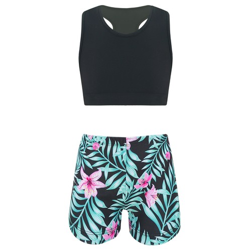 Kids Girls Dance Unitard Athletic Gymnastic Sports Crop Tank Tops+Shorts Sets - Picture 52 of 54