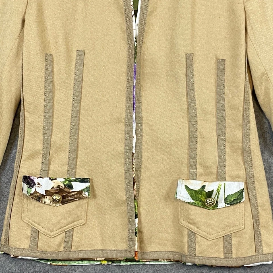 Chaqueta Blazer Roberto Cavalli Lino Seda Talla 38 XS Tostado Floral Cinturón Preppy Foto 3 de 4