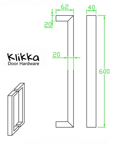 ENTRANCE DOOR HANDLE PULL SET STAINLESS STEEL 600mm LONG SATIN FINISH SQUARE - Picture 10 of 10