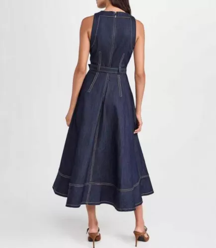 AUTÉNTICO Vestido Midi Sin Mangas Cinq à Sept Algodón Cuello Redondo Denim Calce y Acampanado para Mujer - Imagen 3 de 13