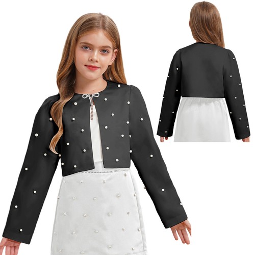 Kid Girl Shrug Pearls Decorated Cardigan Church Wrap All-matched Bolero Satin - Picture 19 of 41