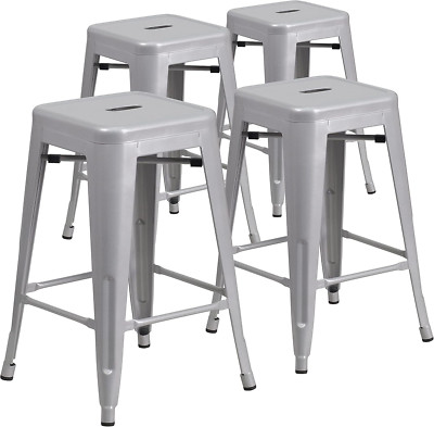 Lily 4 Pack 24'' Silver Metal Backless Counter Stools for Indoor & Outdoor Use