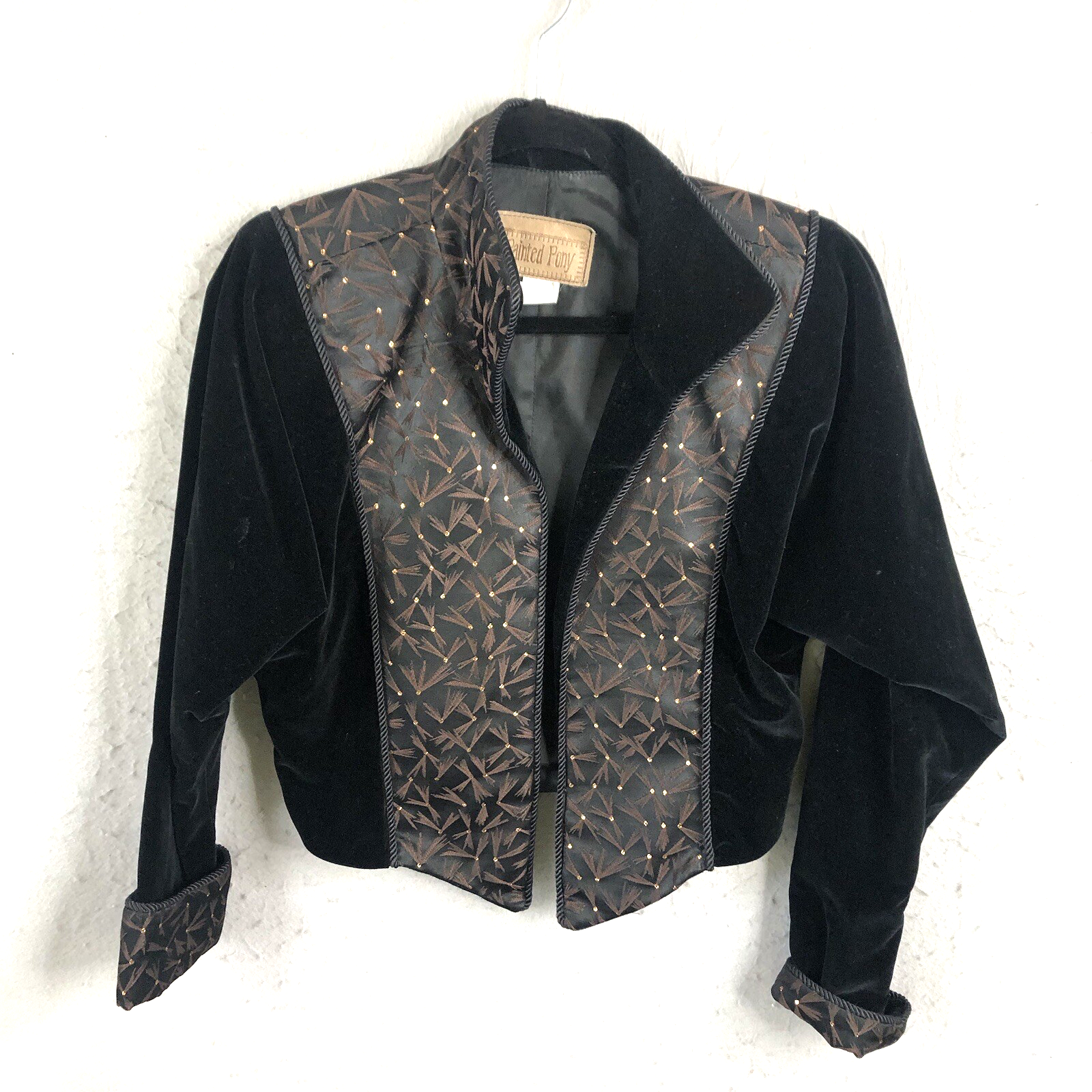 Giacca vintage velluto pony dipinto donna piccola nera ricamo bolero Y2K