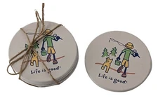 Life Is Good Coasters Fishing Dog Jake Absorbent Stone Set of 4 Dad Gift New