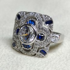 Vintage Art Deco 1.74CT White Round CZ Ring In Solid 925 Sterling Silver