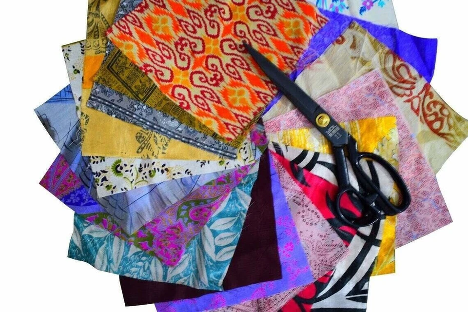 Indian Vintage 25 Pc Of Recycle Silk Sari Remnants/Fabric 8"X8" Fabric Scraps - Image 3 of 4