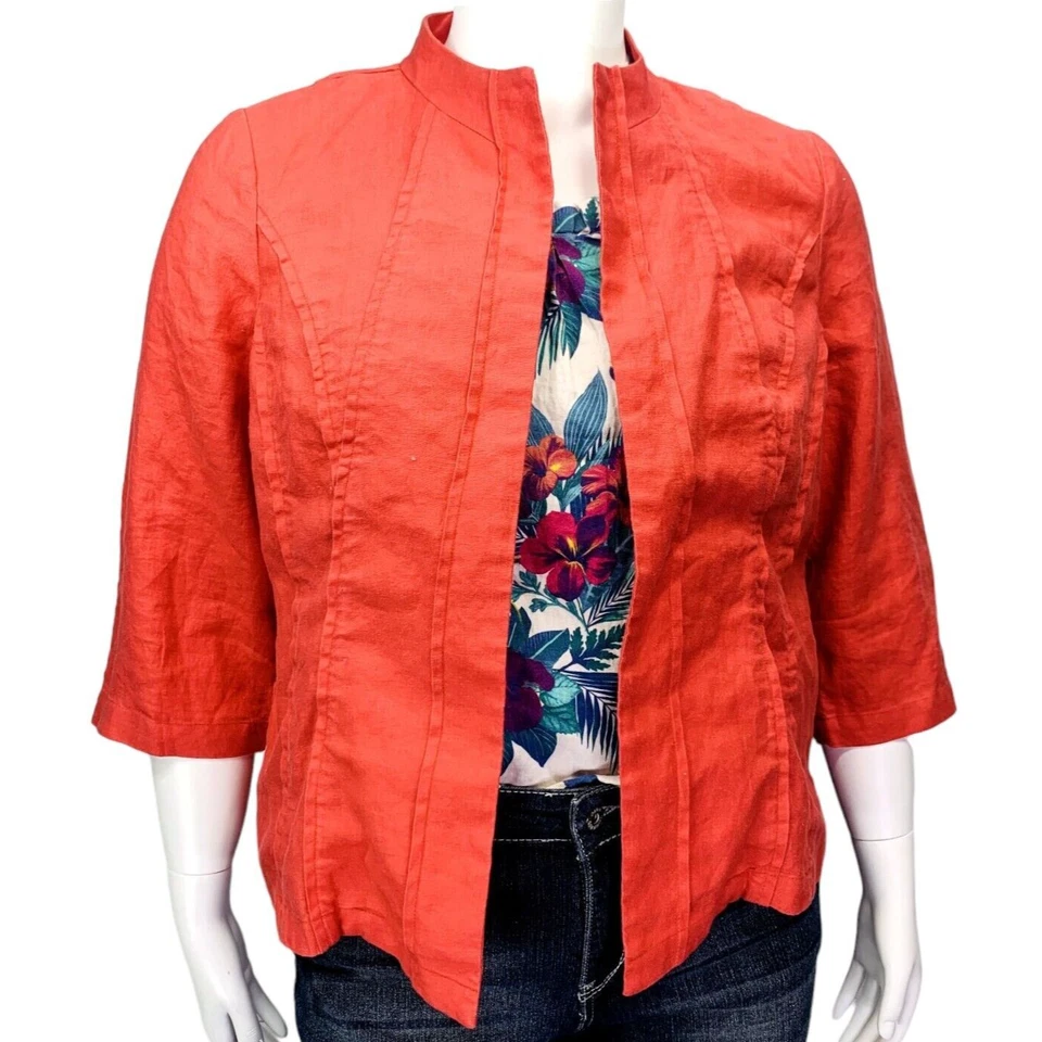 Chico's Womens Linen Blazer Open Front Reddish Orange 3/4 Sleeve Sizes 2 | L - Image 2 of 4