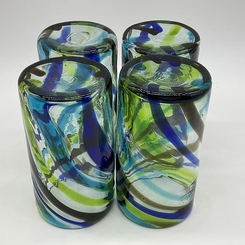 Hand Blown Made In Mexico A Set Of 4 Tumblers With Blue, Green And Brown Swirls - Picture 8 of 11