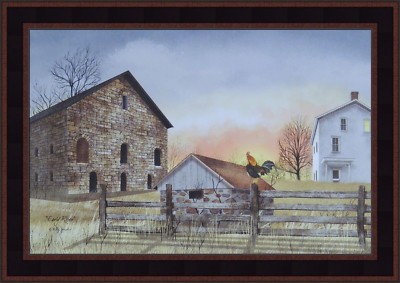 EARLY RISER by Billy Jacobs 15x21 FRAMED PICTURE Farm Sunrise Rooster Fence Barn