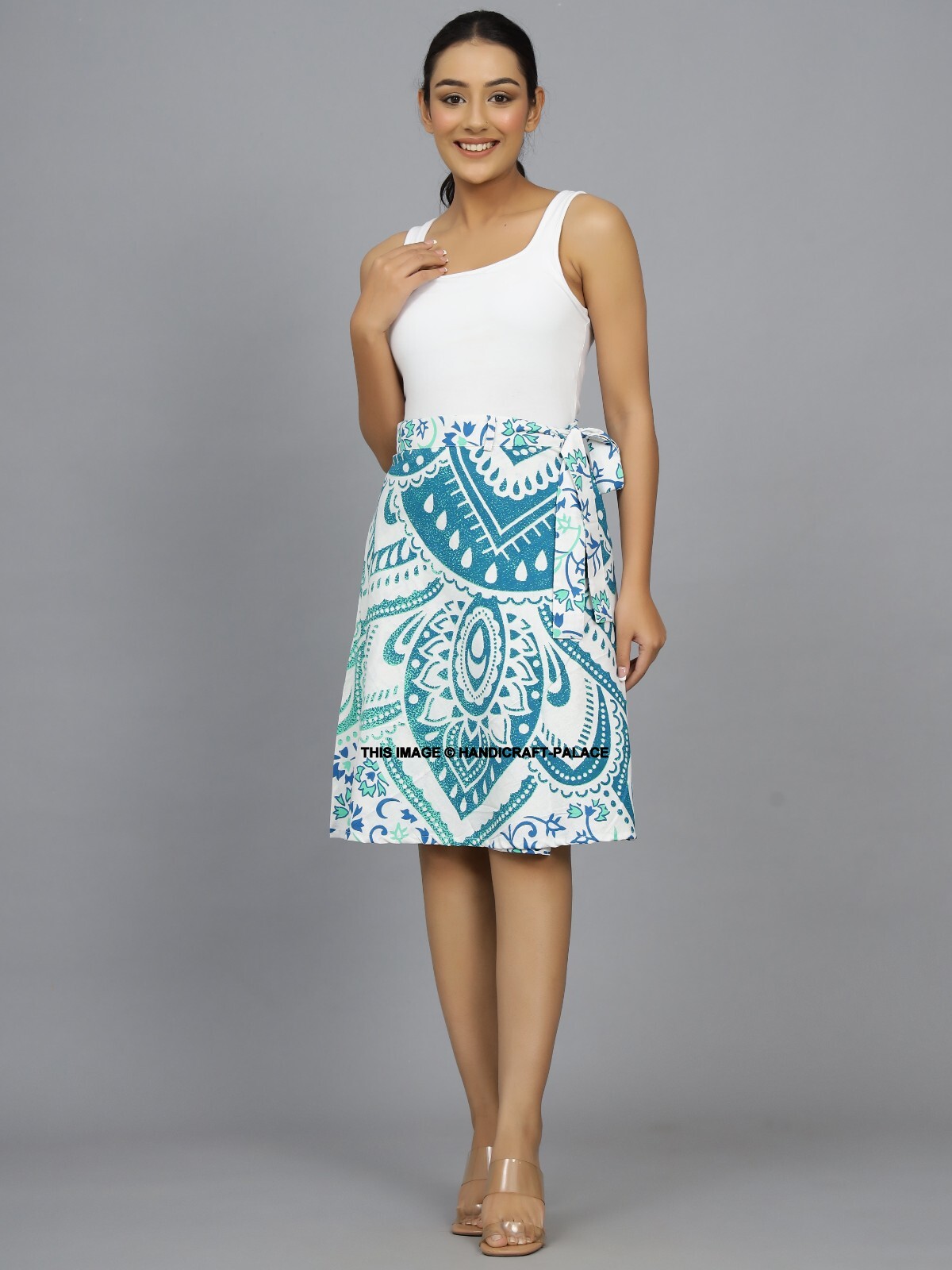 Verde Algodón Puro Envoltura Falda Tresillo Hippie Mandala Rapron Maxi Corta