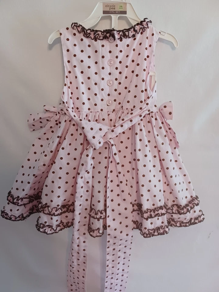 Vestido POLLY & FRIENDS 12M Bebé Niñas Rosa Lunares con Cintas, Faja/Volantes Usado en Excelente Condición Foto 4 de 4