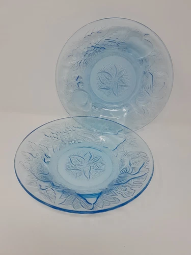 2  Vintage KIG Light Ice Blue Glass Salad Plate/ Bowl Indonesia- Embossed Fruit