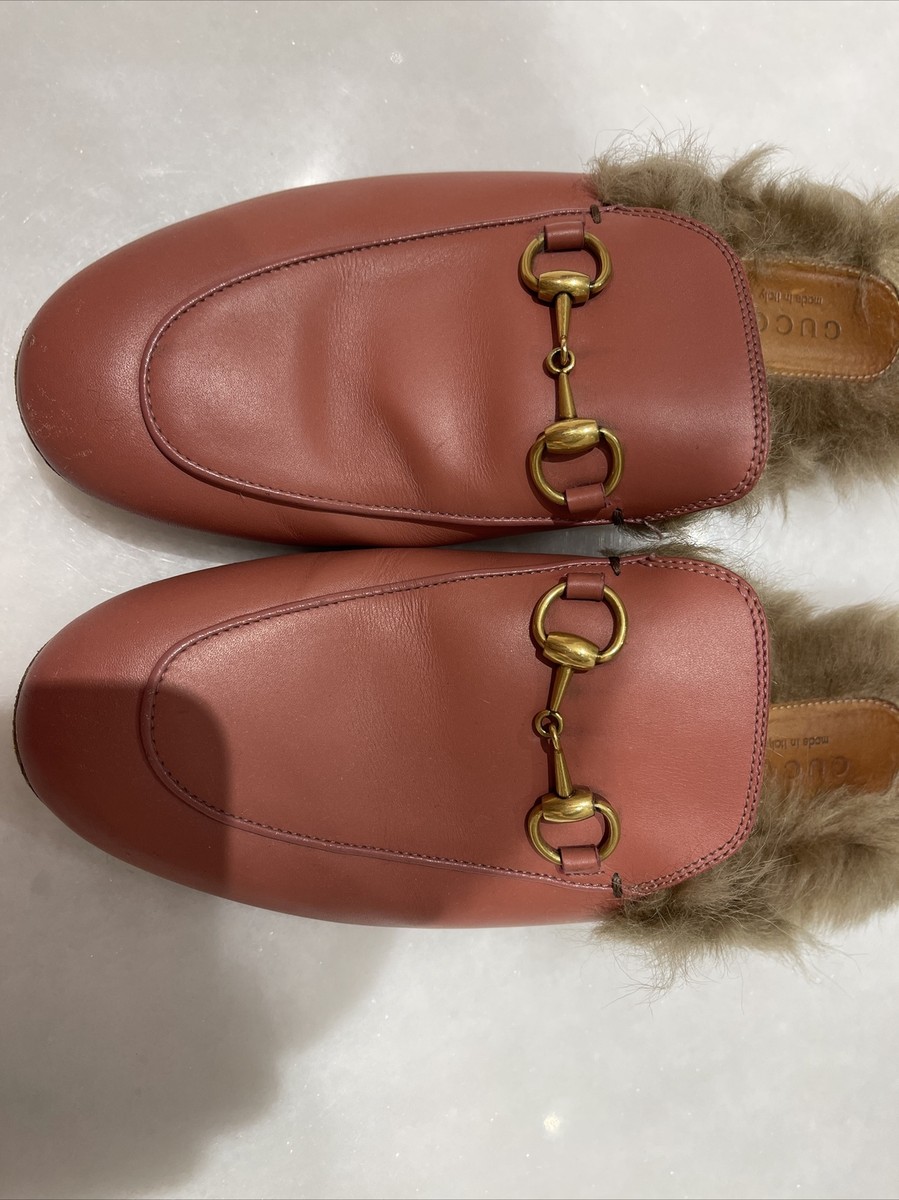 Gucci Rose Pink Leather Princetown Fur Slides Mules Size 35.5
