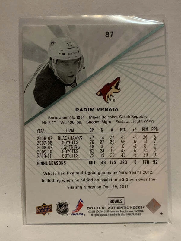 #87 Radim Vrbata Phoenix Coyotes 2011-12 SP Authentic Hockey Card  NHL - Image 2 of 2