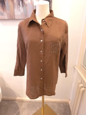 Vintage Malcolm & Co Irish Linen Button Up Brown Shirt Womens Large Oversized