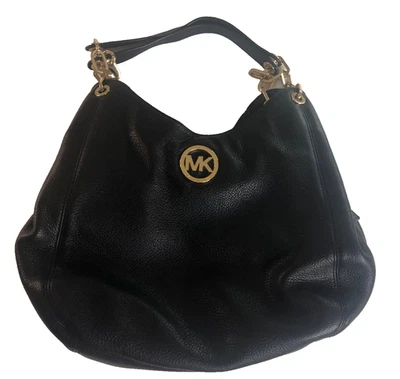 Michael Kors Fulton Black Leather Handbag  Pebbled Hobo Chain Shoulder Bag NEW! - Photo 1/4