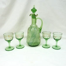 Antique Decanter carafe Set green Optic enameled Glass pitcher sherry glasses