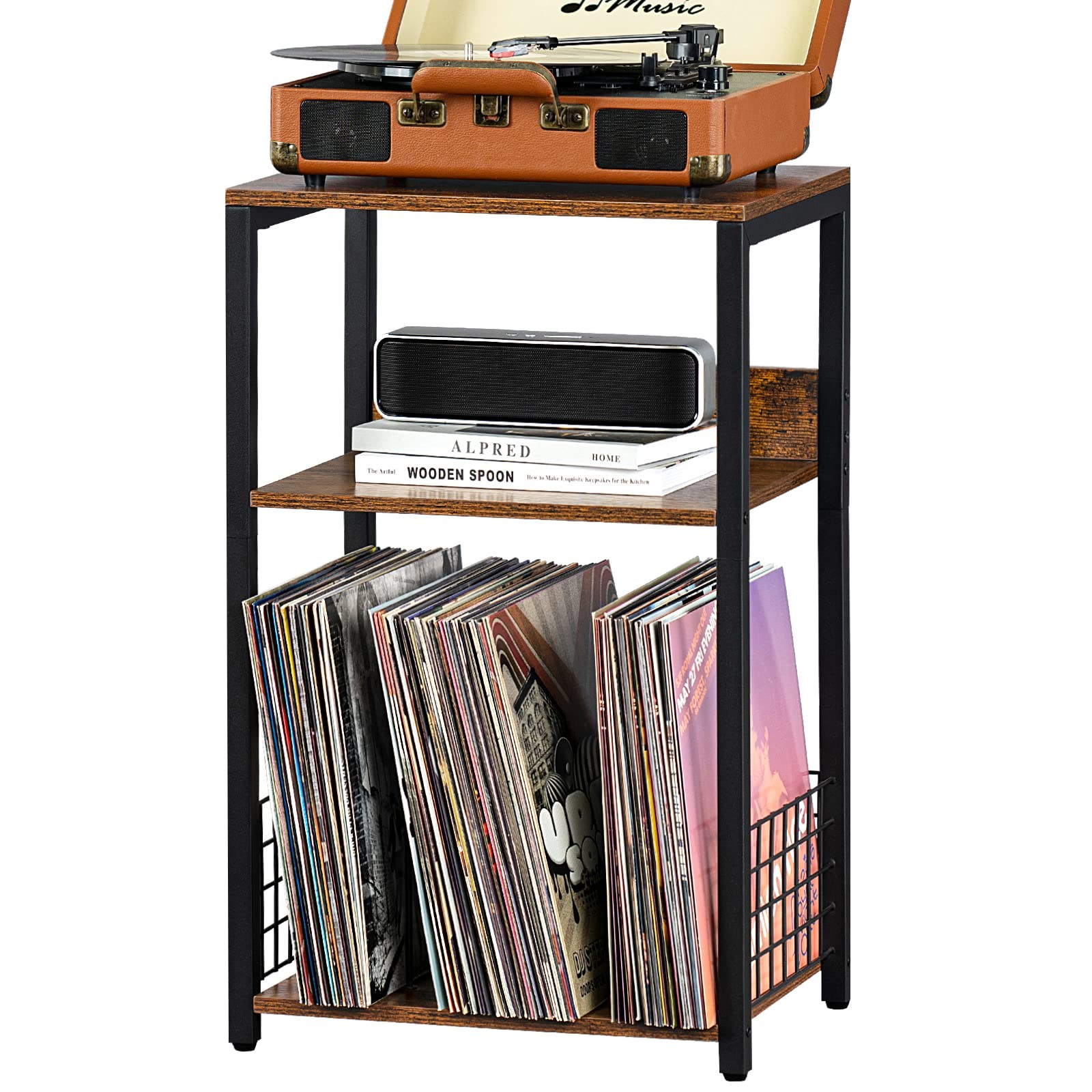 3 Tier Record Player Stand with Storage for 100 Albums, Turntable End Table