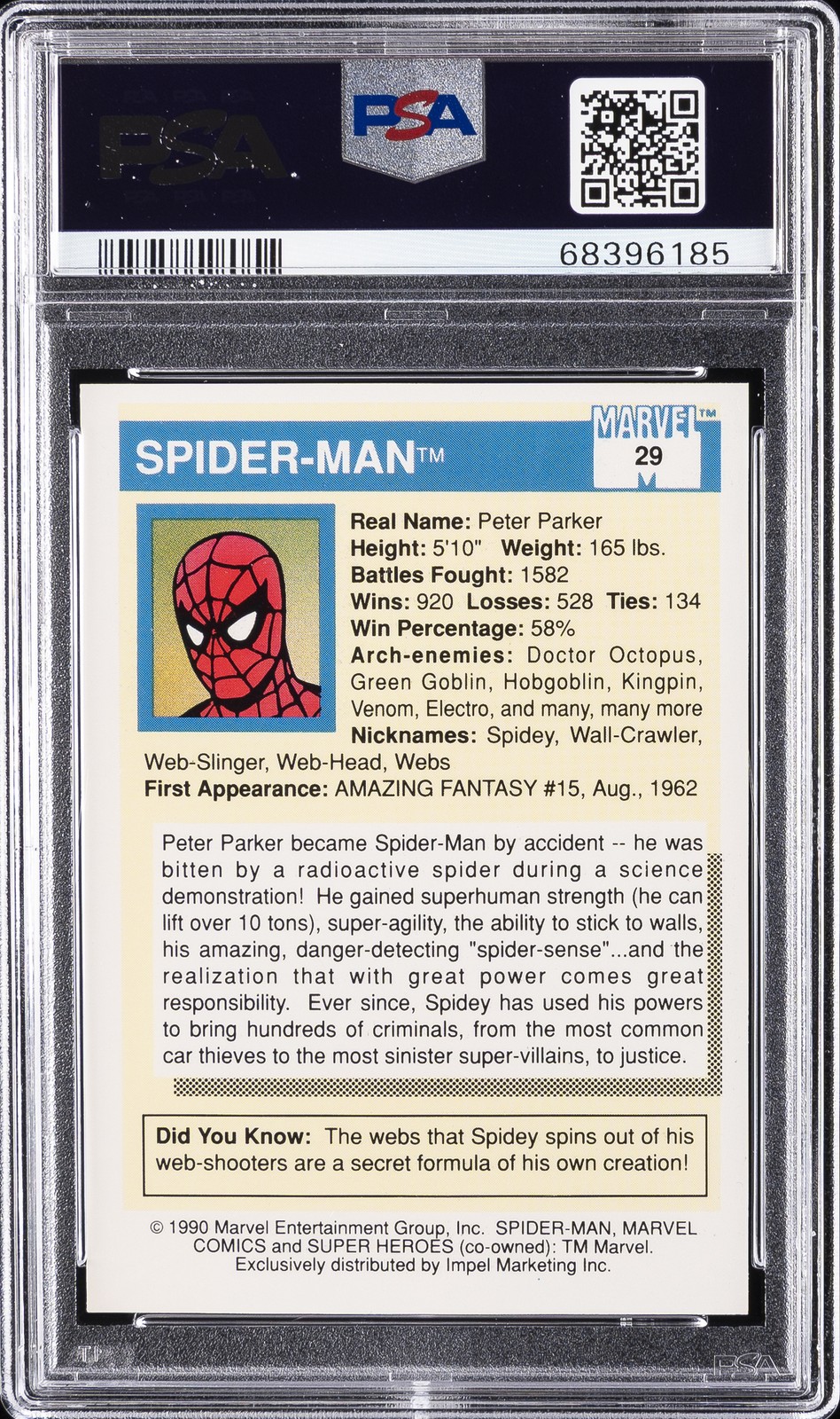 1990 MARVEL UNIVERSE #29 SPIDER-MAN PSA 9 view 2
