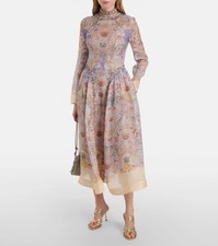 NEW ZIMMERMANN Rebellion Beaded Silk-Linen Midi Dress Size AU1