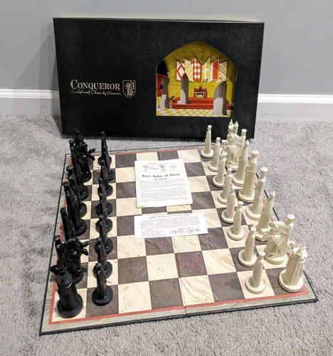 Vtg MCM Medieval Conqueror Sculptured Chess Set Peter Ganine 1962 USA COMPLETE