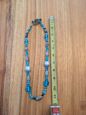Blue Round Glass Beaded Necklace Ball/Bead Chain Silver Tone Toggle Clasp 20"