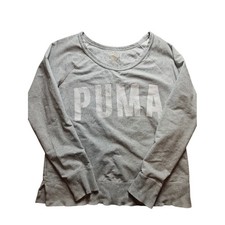 Puma Womens Dry Cell Sweatshirt Gray Distressed Logo Scoop Neck Pullover Medium