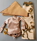 Vintage Barbie Midge Designer Brown Flowered Skirt & Tan Top, Scarf & Shoes