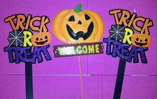 Halloween Trick or Treat Signs Pumpkin Welcome Patio Garden Decoration Set of 3