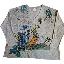 Inoah Women’s XL Knit Top Made in USA Abstract Floral Raglan Sleeve Artsy Boho