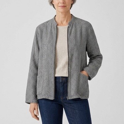 Flax 100% Linen Zip Front Textured Jacket Black White Mock Neck Size Medium