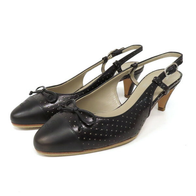 CHANEL Coco Mark Ribbon Punching Leather Sandals Black Size US6