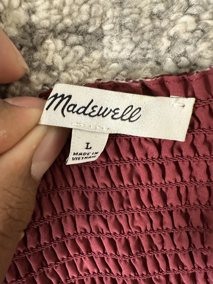 Madewell Dress Womens Large Red Floral Smocked Button Front Puff Sleeve Midi - Image 2 of 4