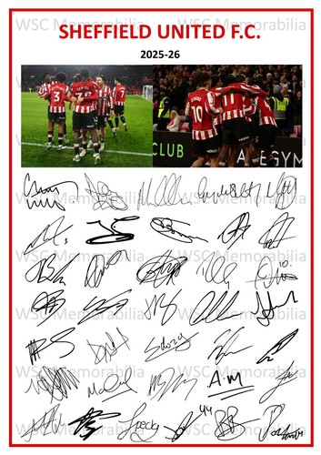 12232. 2025-26 Sheffield United Signed Team Photo Sheet (PRINTED AUTOGRAPH - A4)