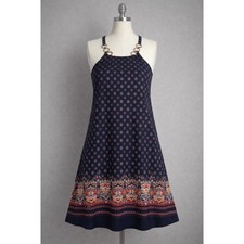 Boho Chain Neck Halter Mini Dress Navy Orange Paisley Geometric T-Back