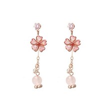 Pink Flower Cherry Blossom Petal Tassel Zircon Dangle Drop Earrings Cute Butterf