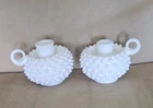 Pair Of Fenton Vintage Milk Glass Hobnail Candle Holders With Finger Loop