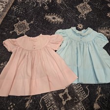 Handmade Vintage Style Baby Girls Dresses Pink Blue Lace Trim Puffed Sleeves