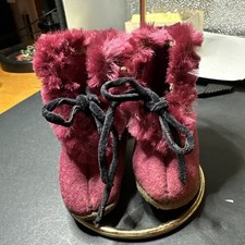 Antique Baby Slippers Shoes Fuzzy Felt Velvet Laces Cranberry Color Leather So