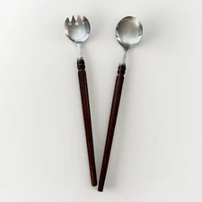 MCM Fork Spoon Salad Servers Wood Handle Stainless Kitchen Flatware