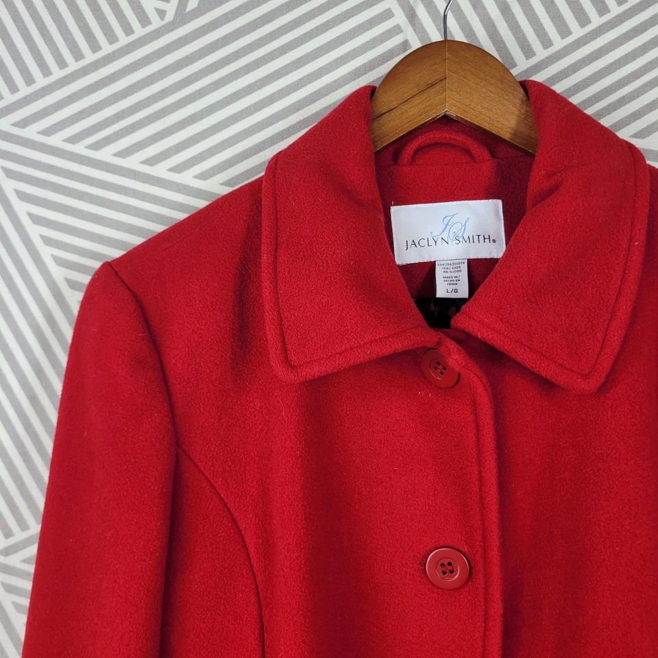 Jaclyn Smith Grande Rojo Lana Chaquetón Chaqueta Invierno Abotonada Abrigo Clásico Foto 2 de 4