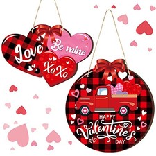2 Pieces Valentines Day Door Sign Wooden Happy Valentines Day Sign Lover