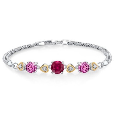 925 Sterling Silver and 10k Yellow Gold Created Ruby Pink Created Sapphire and