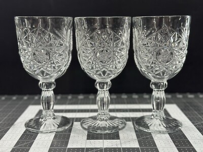 Star Burst Design Ribbed Stem Heavy Cut Glass 12 Ounce Wine Water Goblets 3-Set