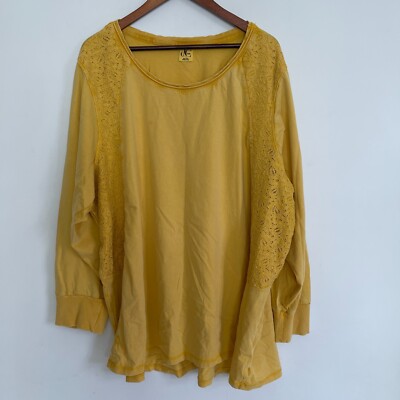 d/C Jeans Woman Yellow Long Sleeve Lace Overlay Pullover T Shirt Top Size 4X